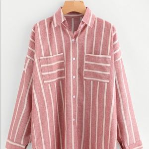 Lapel Dip Hem striped pink/red button shirt